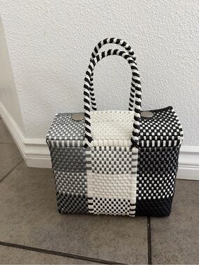 Woven Checker Tote Bag in Black, White & Gray